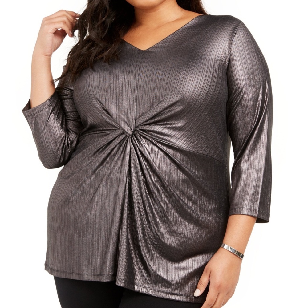Alfani Women's Gunmetal Deep Black V-neck Twist Front 3/4 Sleeve Top Plus Sz 1X